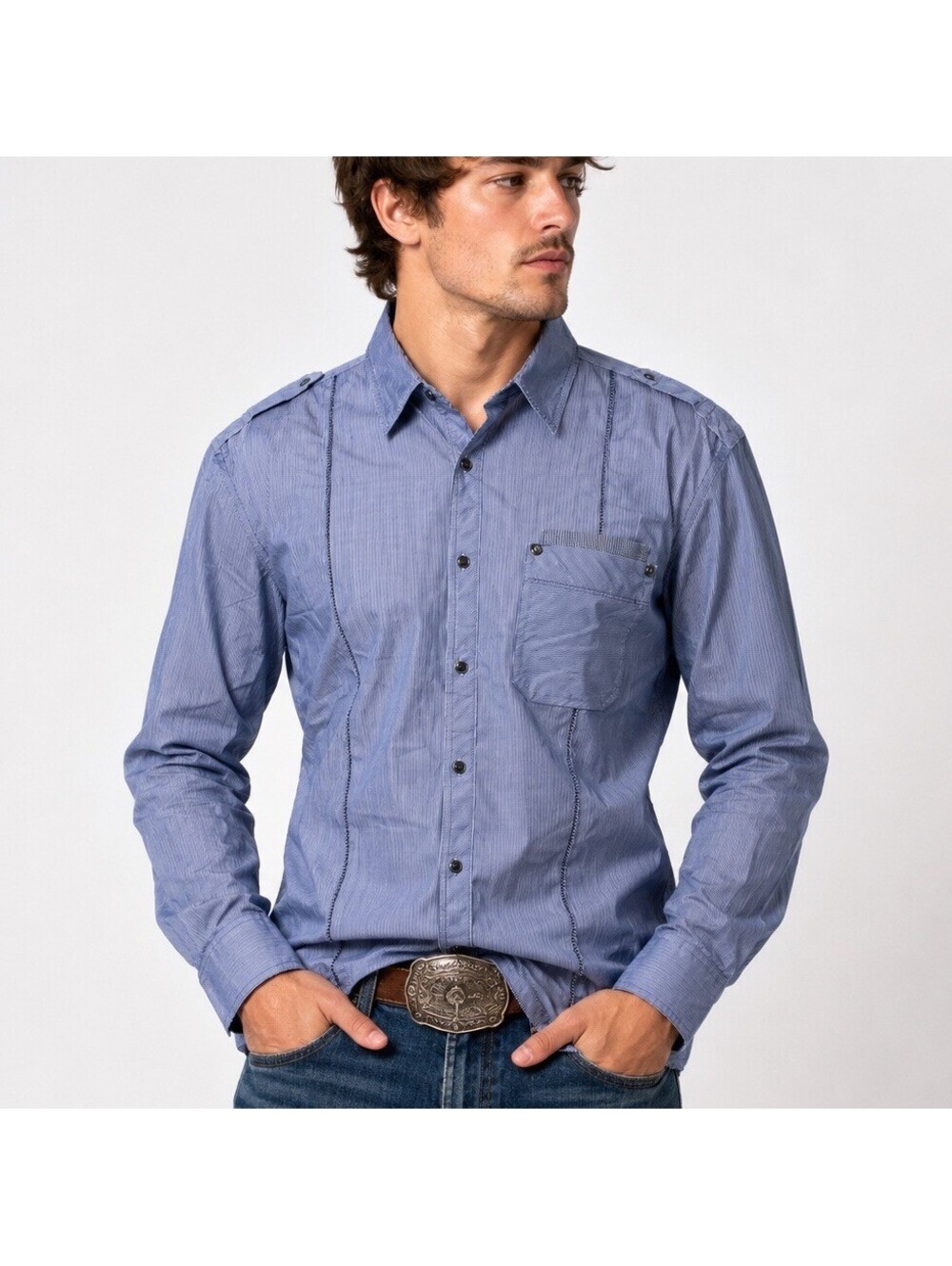 INC  Vintage Y2K Blue Striped Pearl Snap Western Shirt Mens Small Western Rodeo